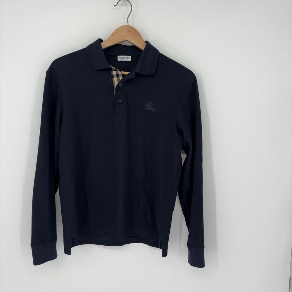 Burberry Navy Polo with Signature Plaid Trim
